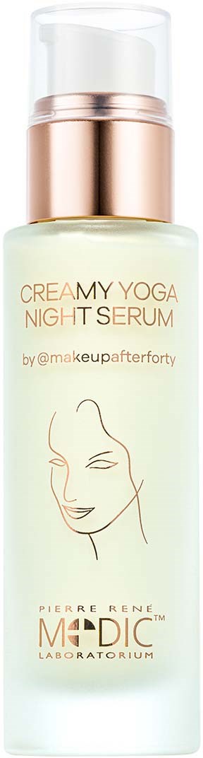 En hudpleieflaske merket 'CREAMYOGA NIGHT SERUM' med en enkel, linje-tegnet ansiktsillustrasjon og merkevareinformasjon.