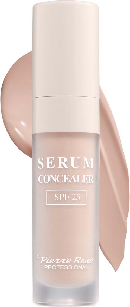 En concealer serum-flaska med SPF 25, innehållande ljusbeige vätska, och en smet av produkten bredvid.