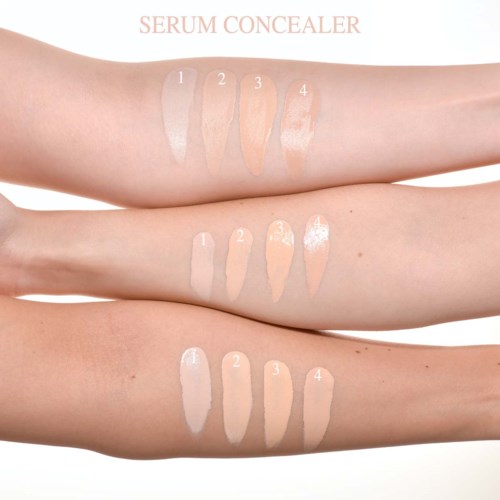 Tre armar visar olika nyanser av serumconcealer i fyra nyanser vardera, märkta 1 till 4. Texten säger "Serum Concealer."