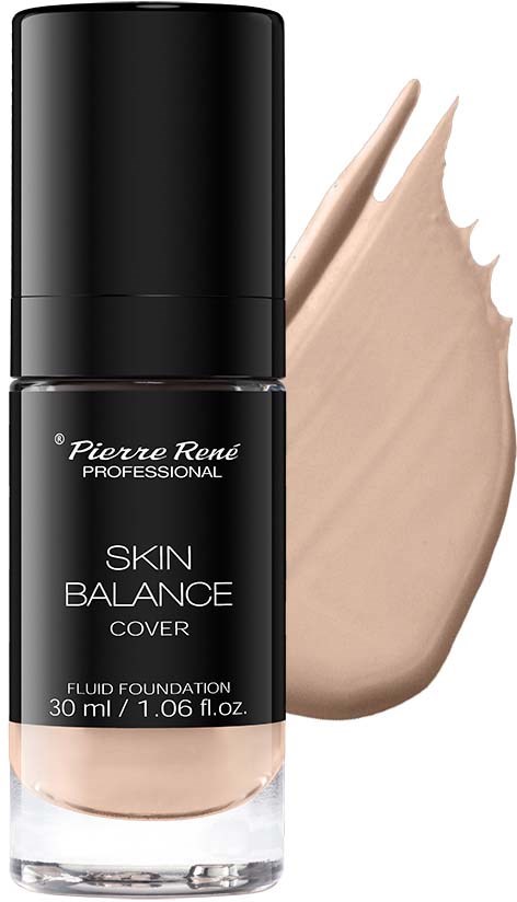 En svart flaska med grädde och en beige foundation bredvid, märkt Skin Balance Cover, flytande foundation.