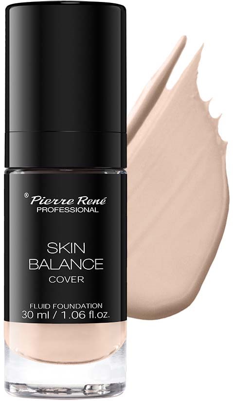 A black bottle of Pierre Rene liquid foundation with beige makeup swatch behind it.