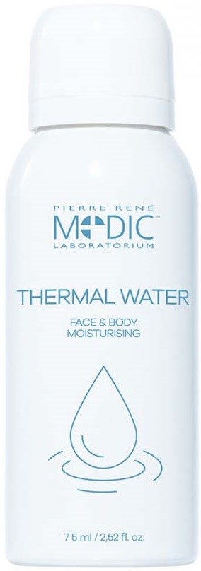 Valkoinen pullo, jossa lukee 'Thermal Water', kasvojen ja kehon kosteutukseen, Pierre Rene's Medic Laboratory.