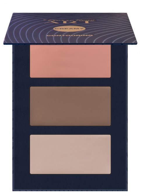 A makeup palette with three shades: pink, brown, and beige inside a navy blue case.