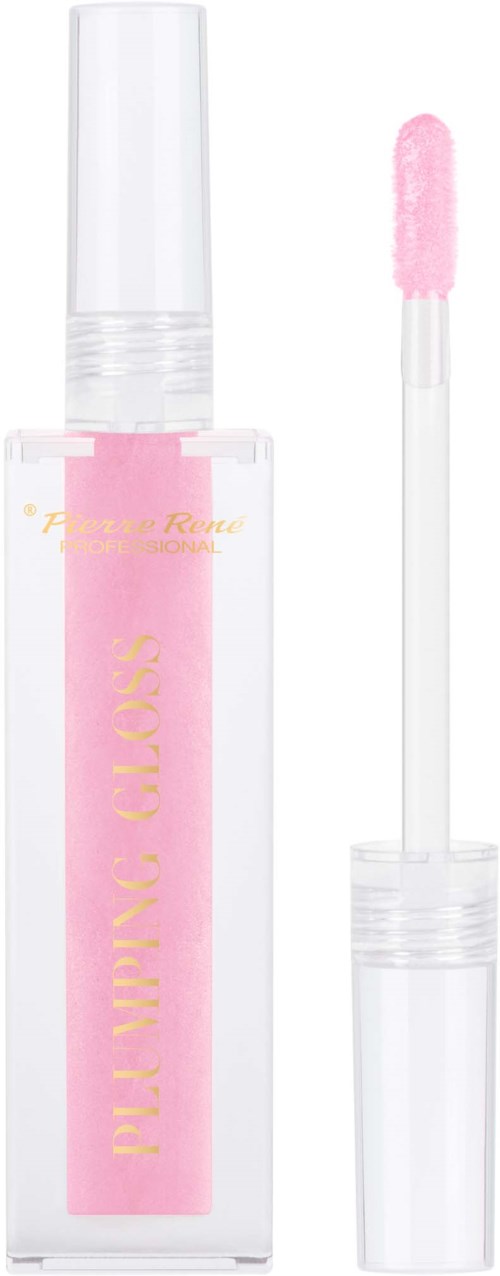 Ein rosa Glanzcontainer mit Applikator, klarer Deckel, goldener Text auf Flasche.