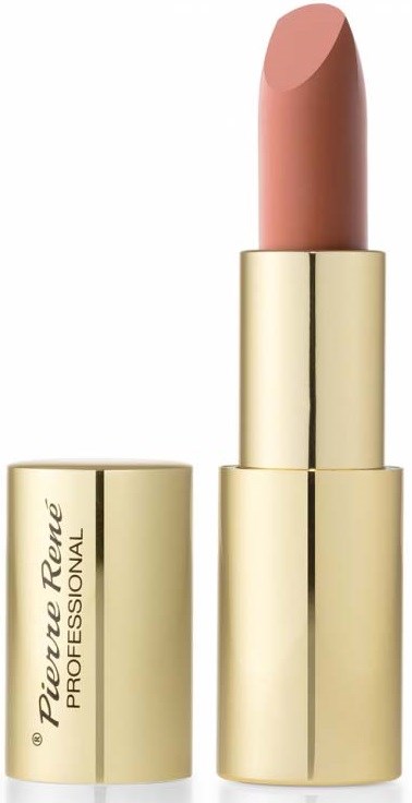 A beige lipstick in a gold case with the cap removed, showing the lipstick.