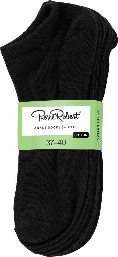 Four black ankle socks are bundled together with a green and white label, indicating size and brand.