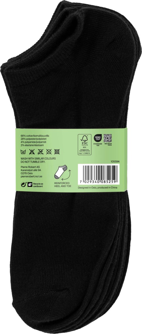 A pack of black socks with a green label around them, showing washing and material symbols.