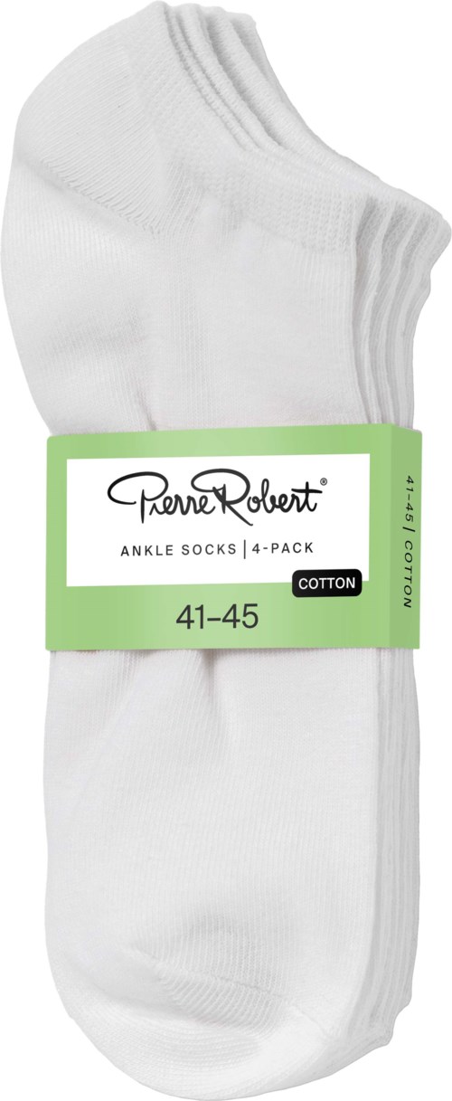 Four pairs of white ankle socks in packaging labeled Pierre Robert, size 41-45, made of cotton.