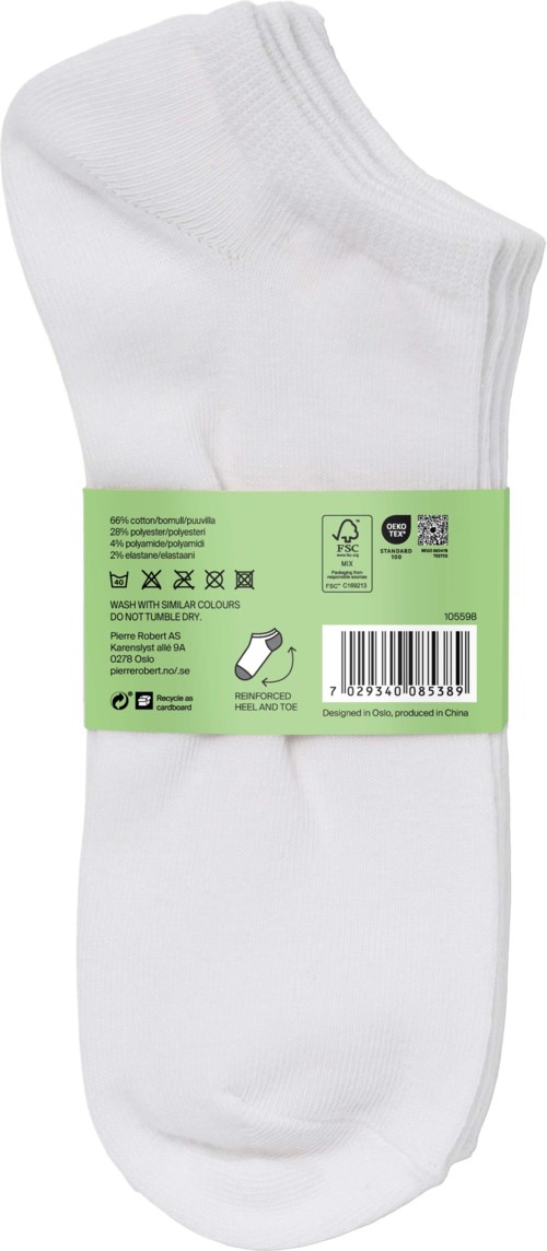 A pair of plain white ankle socks with a green label wrapped around them.
