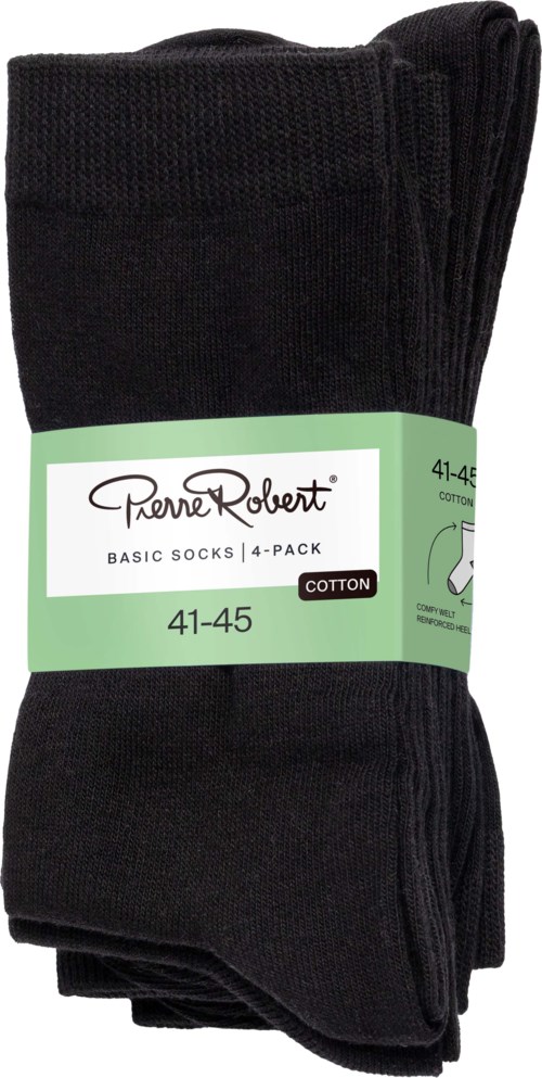 A pack of four black cotton socks, size 41-45, neatly folded and wrapped with a light green label.