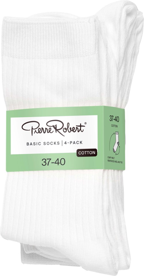 A four-pack of white cotton socks labeled Pierre Robert, size 37-40, with a simple green and white package.