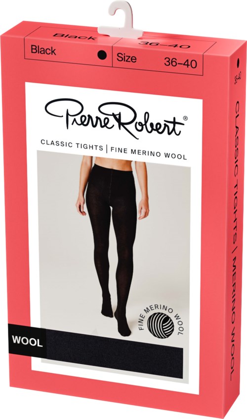 The packaging shows black tights made from fine merino wool, featuring a woman wearing the tights and brand information.