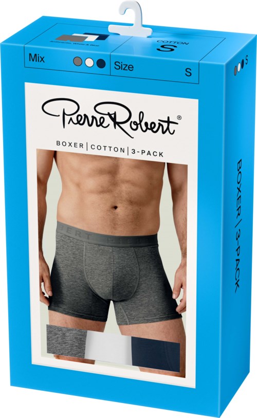 Blauwe verpakkingsdoos voor mannenboxershorts, met een mannelijke is die donkergrijze boxershorts draagt.
