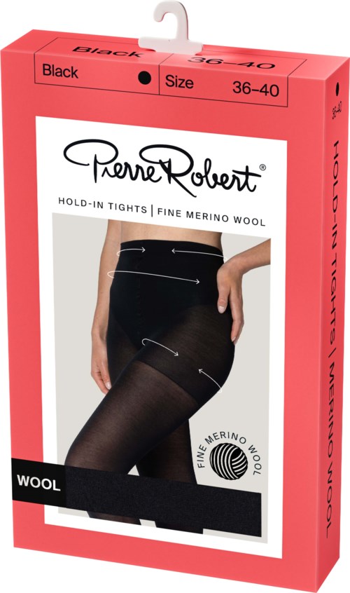 Black hold-in tights made of fine Merino wool, designed for sizes 36-40, with arrows pointing to different areas.