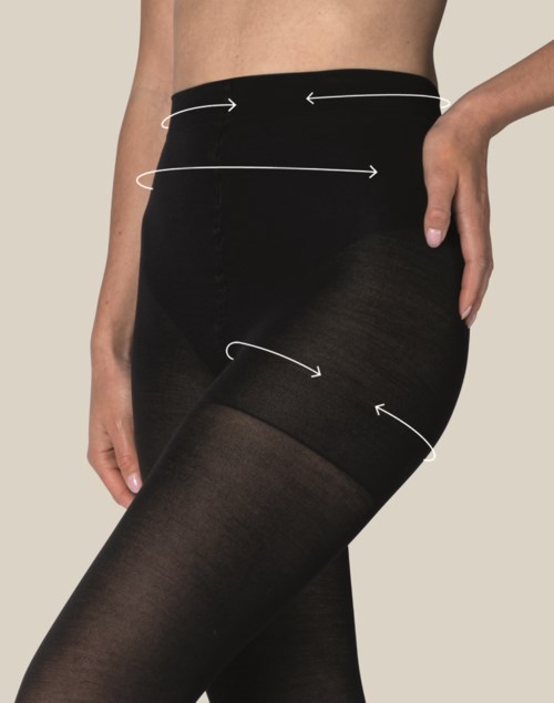 This is an illustration showing different types of tights or pantyhose on a person. The arrows point to various styles.
