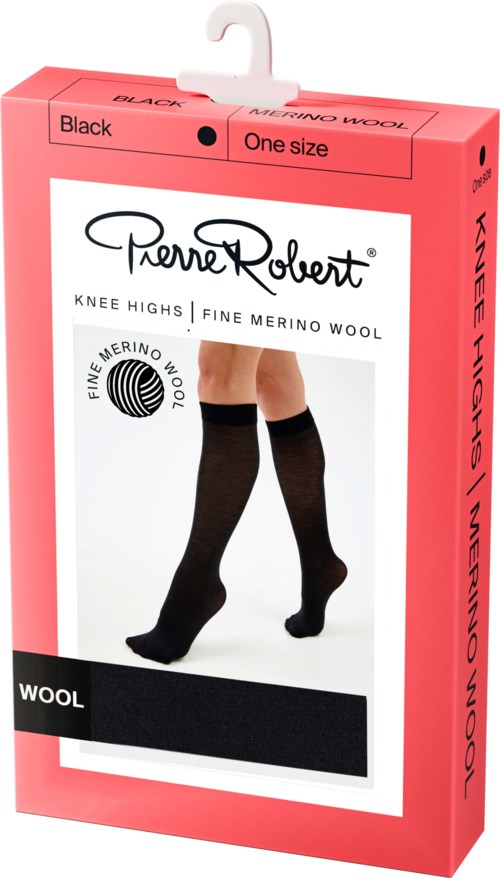 Svart knee-höga ullstrumpor på en modell, i rosa förpackning med varumärke och produktdetaljer.