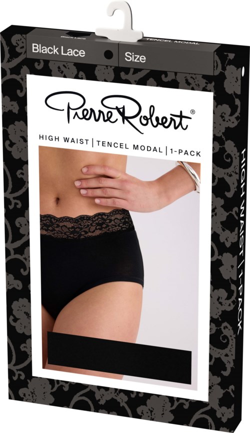 Verpakking voor Pierre Robert high waist tencel modal ondergoed met zwarte kantdetail.
