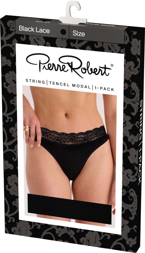 Verpakking van Pierre Robert zwarte kanten string met een model die zwarte kanten ondergoed draagt op de voorkant.