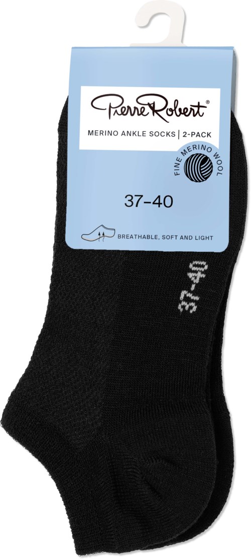 Black ankle socks with white text and label, suitable for sizes 37-40, made of merino wool, breathable and soft.