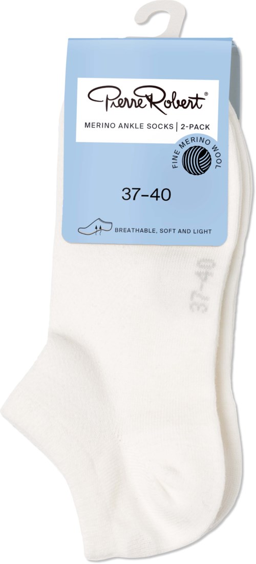 A package of two white ankle socks in size 37-40, labeled as breathable, soft, and light, with brand branding on the label.