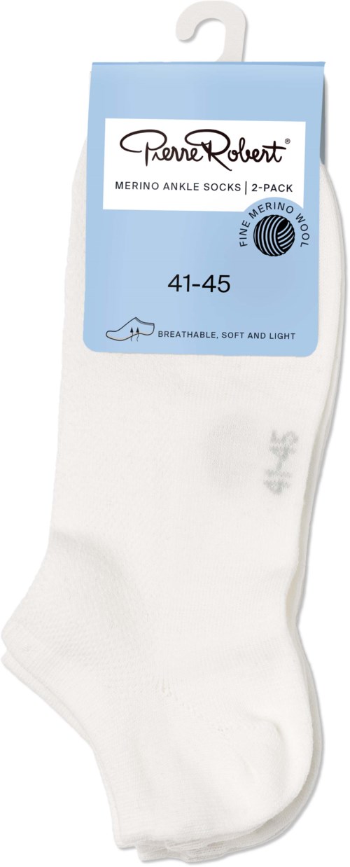 White ankle socks in clear packaging with a blue label, size 41-45, soft, breathable, and light.