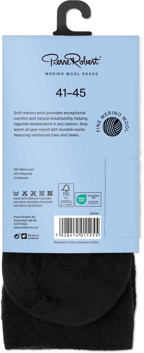 Blue packaging with black socks visible inside, says Merino Wool Socks, size 41-45, with a logo and care instructions.