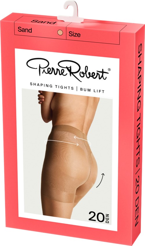 En eske for shaping tights som viser en kvinnes bakdel og ben med produktinformasjon.