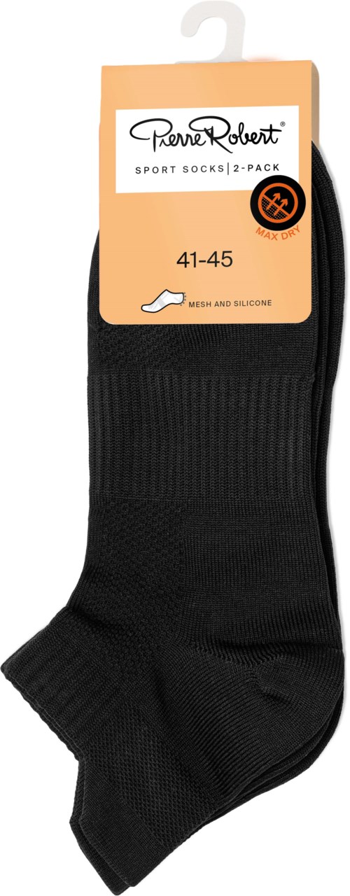 A pack of two black sport socks, size 41-45, with mesh and silicone features, hanging on a display.