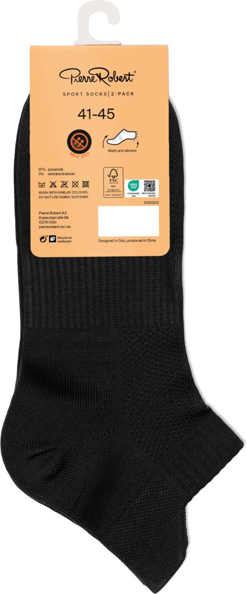 A pair of black sports socks with a label attached, showing size 41-45 and symbols for comfort and quality.