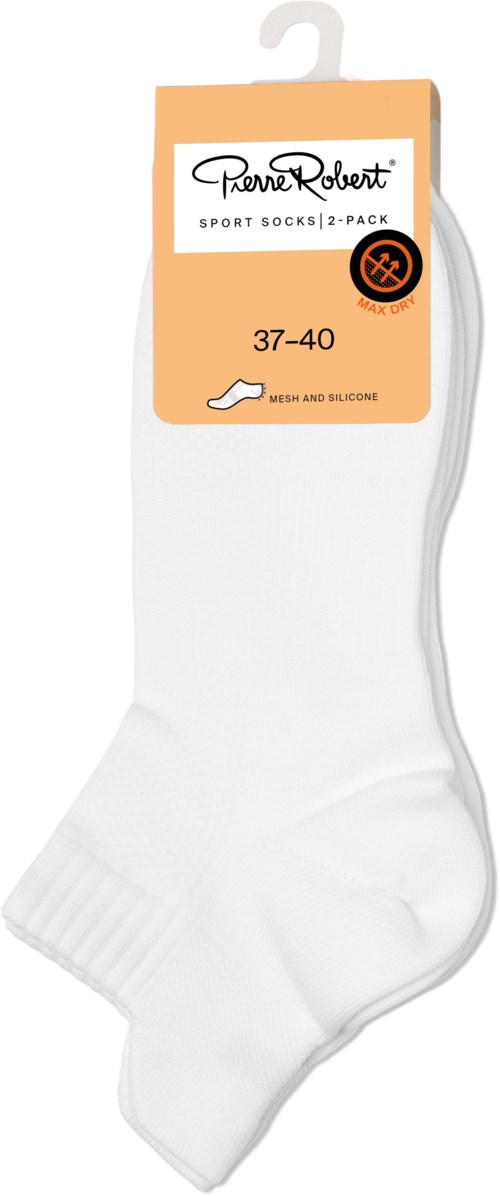 Pair of white sport socks in packaging, size 37-40, with mesh and silicone details, and a hanger top.