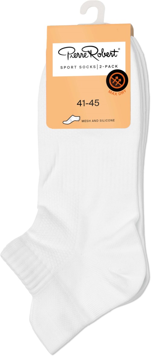 Hvite sportstrømper i en pakke, merket med størrelse 41-45, laget av mesh og silikon.