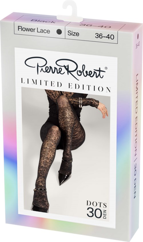 Packaging of Pierre Robert limited edition patterned tights in black with floral lace design, size 36-40, with 30 denier thickness.