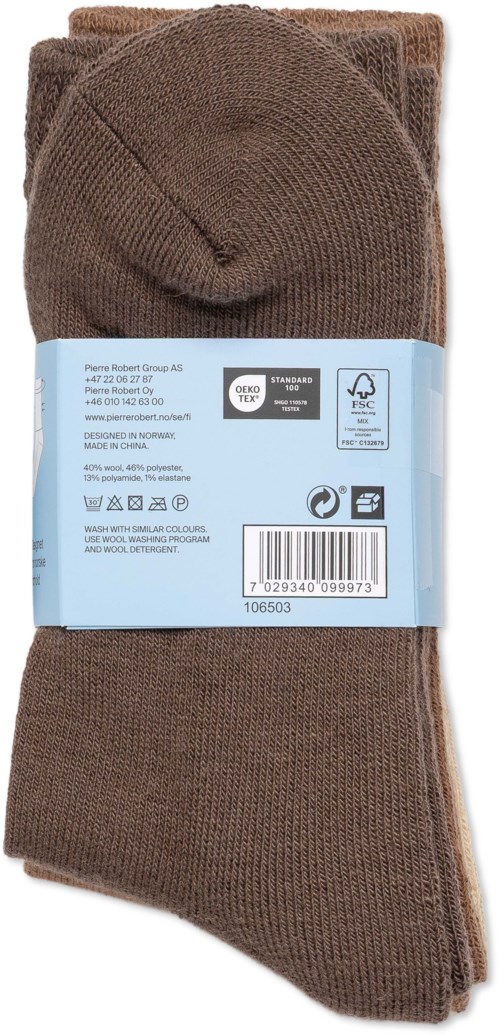 A set of brown knit socks with a blue label attached, showing text and barcodes. The socks are folded.