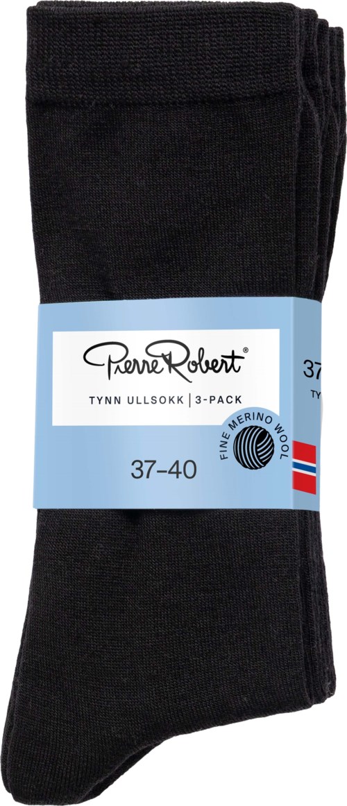 A pair of black socks with a label showing size 37 to 40, made from Merino wool, with a Jean Pierre Robert logo.