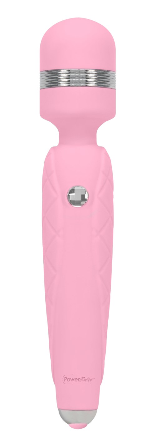 A pink portable device with a rounded top and a button in the middle, used for personal grooming or cleaning.