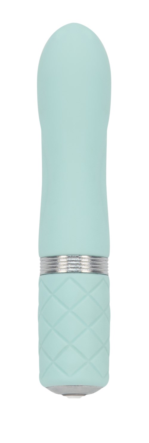 A pastel blue personal massager with a quilted handle and silver ring, designed for relaxation.