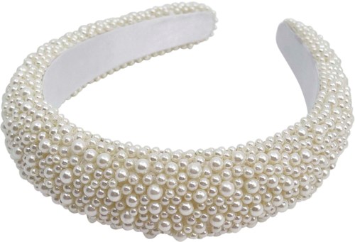 A white headband decorated with many small pearls, curved to fit around the head.
