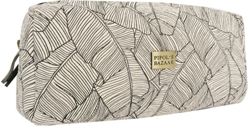 En beige väska med svarta lövmönster och en guldskylt som säger 'PIPOL'S BAZAAR'.