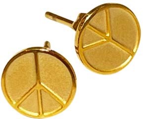 Golden earrings with peace symbols on each. Simple, round, and shiny. No other objects or backgrounds visible.