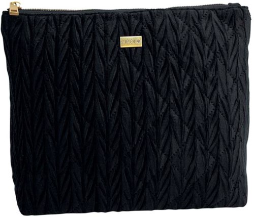 A black quilted cosmetic bag with a gold zipper and a small gold label on the front.