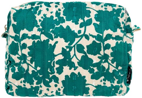 A rectangular bag with teal floral pattern on a white background.