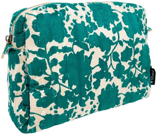 A teal and white patterned zippered bag with a black tab on the side.