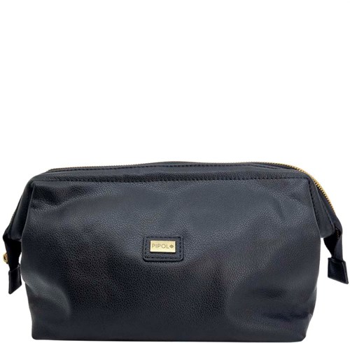 A black toiletry bag with a gold zipper and a small gold label that says "PIPOL."