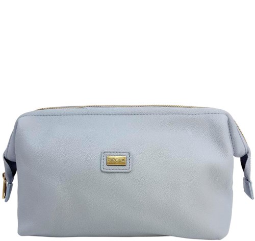 A light blue cosmetic bag with a gold zipper and small front label. It is rectangular and made of textured material.