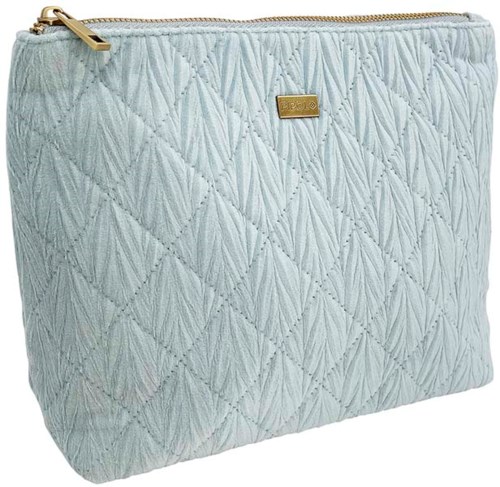 A light blue quilted zippered pouch with a small gold label and a gold zipper.