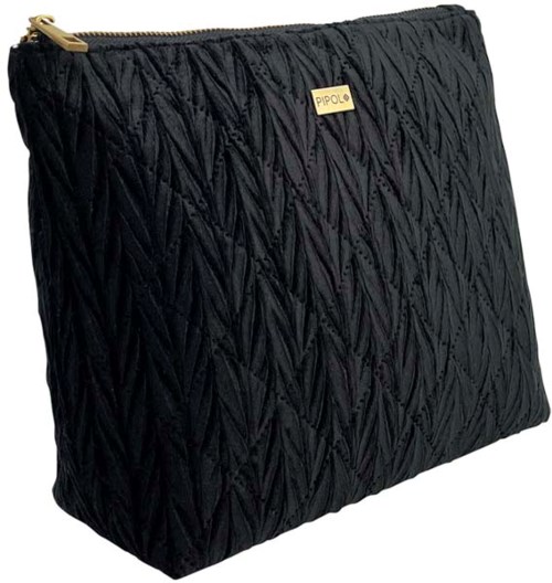 Black quilted fabric clutch bag with gold label and zipper.