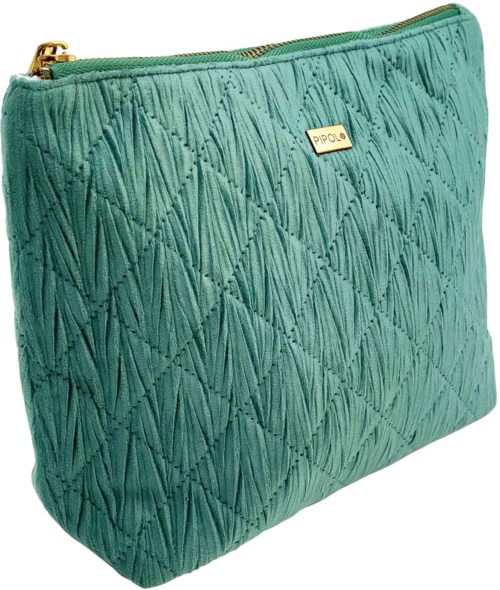 A teal quilted bag with a gold zipper and a small gold logo badge.