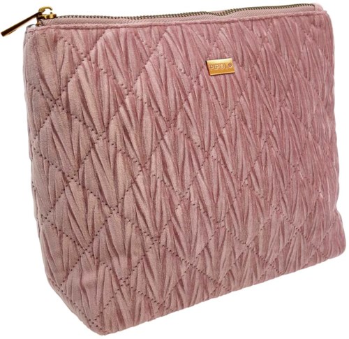 A pink quilted cloth bag with a gold zipper and a small gold label.