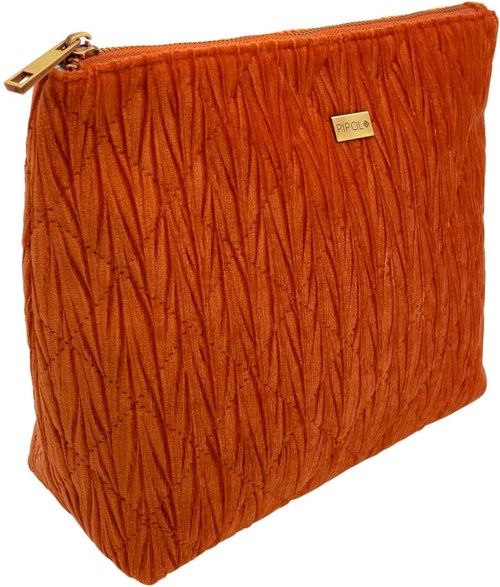 An orange textured clutch with a gold zipper and a small metal logo plate. It looks stylish and compact.