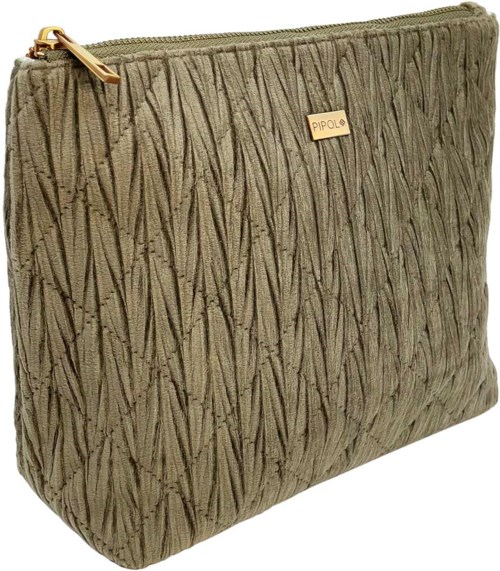 A beige bag with a textured, crinkled fabric and a gold zipper. The bag has a small gold label that says 'PIPOL.'